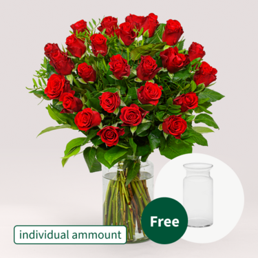 Individual red roses with vase