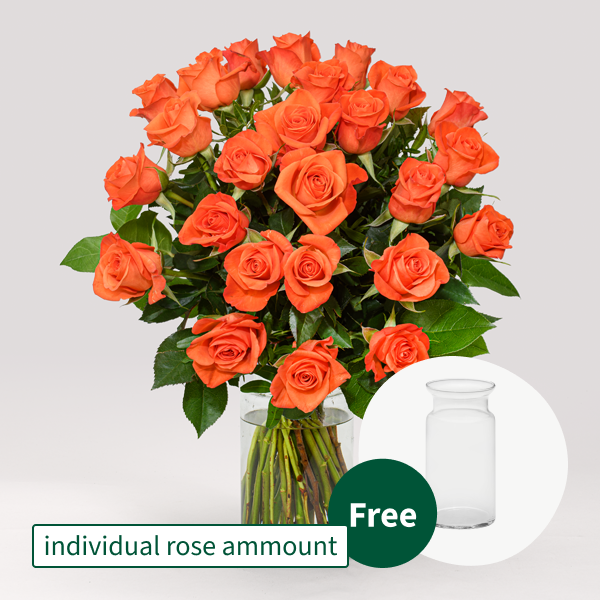 Individual orange roses with vase