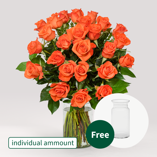 Individual orange roses with vase