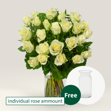 Individual white roses with vase