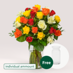 Individual mixed coloured roses with vase