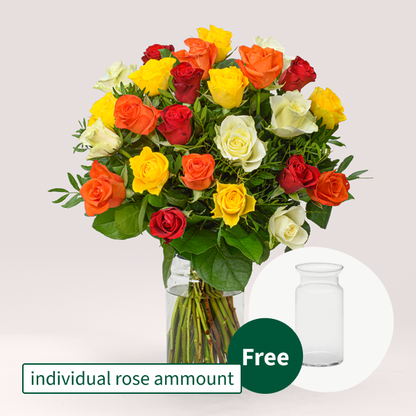 Individual mixed coloured roses with vase