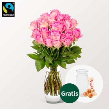 20 pinke Fairtrade Rosen im Bund mit Vase & Ferrero Giotto 3er