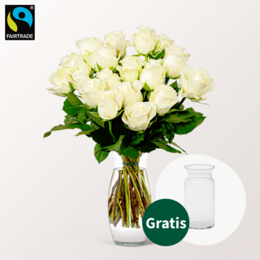 20 weiße Fairtrade Rosen im Bund mit Vase