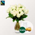 20 weiße Fairtrade Rosen im Bund mit Vase