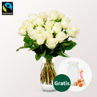 20 weiße Fairtrade Rosen im Bund mit Vase & Ferrero Giotto 3er