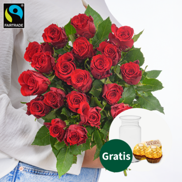 Rote Fairtrade Rosen im Bund mit Vase