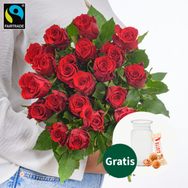 Rote Fairtrade Rosen im Bund mit Vase & Ferrero Giotto 3er