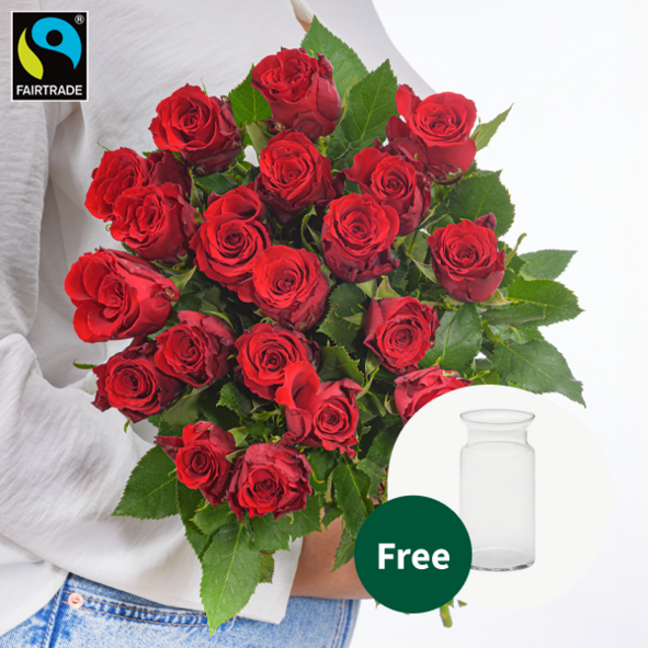 Red Fairtrade roses in a bunch with vase