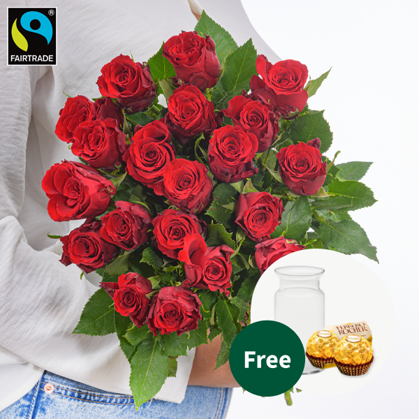 Red Fairtrade roses in a bunch with vase & 2 Ferrero Rocher