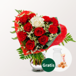 Rosenstrauß Romeo mit Vase & Ferrero Giotto 3er