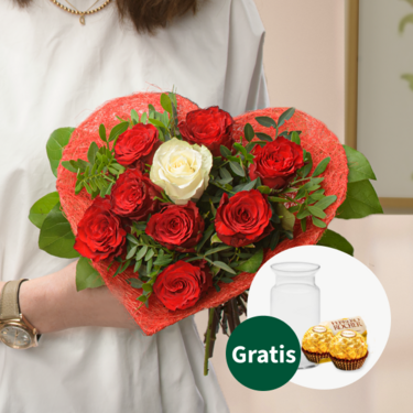 Rosenstrauß Amore mit Vase & 2 Ferrero Rocher