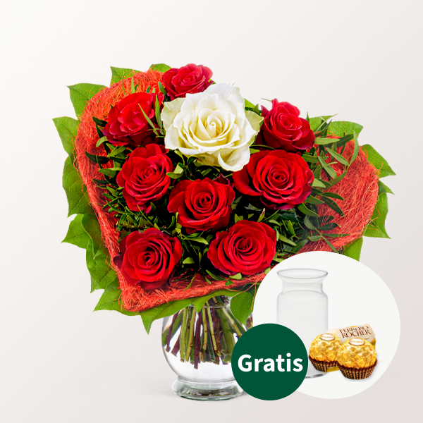 Rosenstrauß Amore mit Vase & 2 Ferrero Rocher