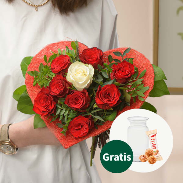 Rosenstrauß Amore mit Vase & Ferrero Giotto 3er