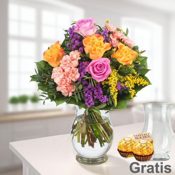 Blumenstrauß Farbenspiel Mit Vase & 2 Ferrero Rocher - Blumen Online ...