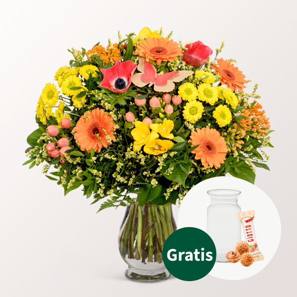 Blumenstrauß Frühlingszauber mit Vase & Ferrero Giotto 3er