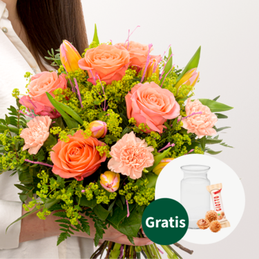 Blumenstrauß Frühlingsherz mit Vase & Ferrero Giotto 3er