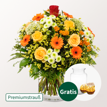 Premiumstrauß „Zum Geburtstag“ mit Premiumvase & 2 Ferrero Rocher