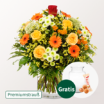 Premiumstrauß „Zum Geburtstag“ mit Premiumvase & Ferrero Giotto 3er