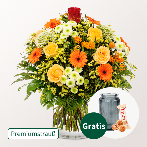 Premiumstrauß „Zum Geburtstag“ mit Premiumvase & Ferrero Giotto 3er