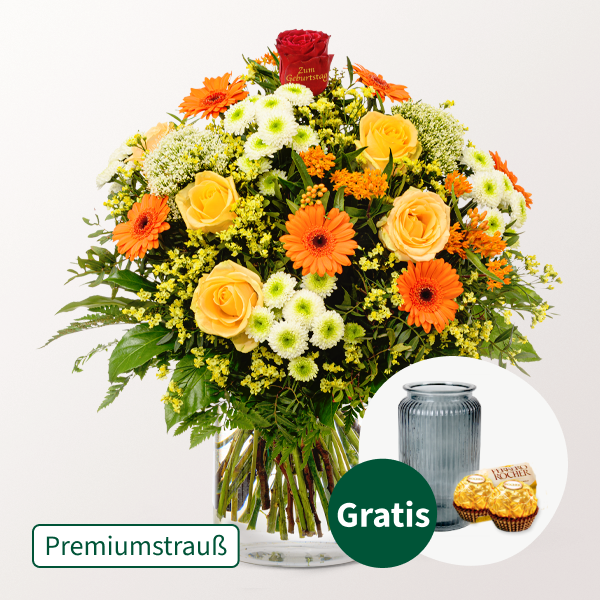 Premiumstrauß „Zum Geburtstag“ mit Premiumvase & 2 Ferrero Rocher