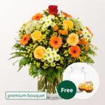 Premium Bouquet „Zum Geburtstag“ with premium vase & 2 Ferrero Rocher