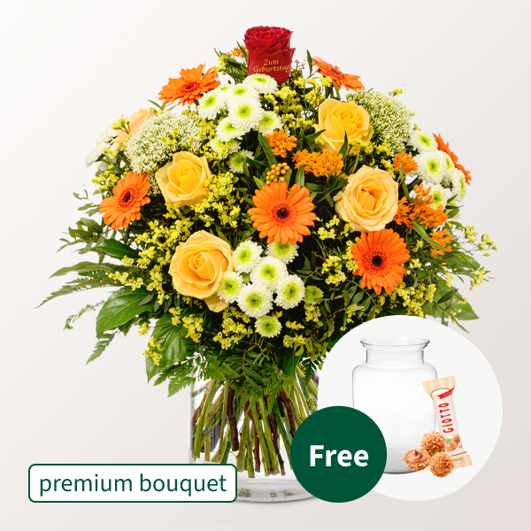 Premium Bouquet „Zum Geburtstag“ with premium vase & 3 Ferrero Giotto