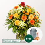 Premium Bouquet „Zum Geburtstag“ with Premium Vase & 3 Ferrero Giotto