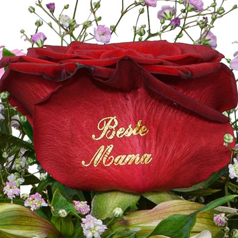 Blumenstrauß „Beste Mama“ mit Vase & Ferrero Giotto 3er