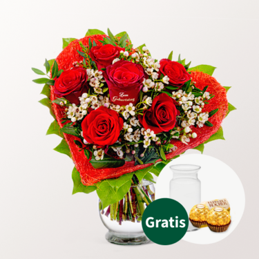 Rosenherz „Zum Geburtstag“ mit Vase & 2 Ferrero Rocher