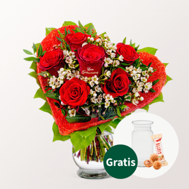 Rosenherz „Zum Geburtstag“ mit Vase & Ferrero Giotto 3er