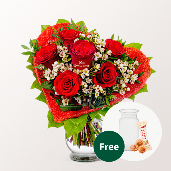 Rose Bouquet „Zum Geburtstag“ with vase & 3 Ferrero Giotto