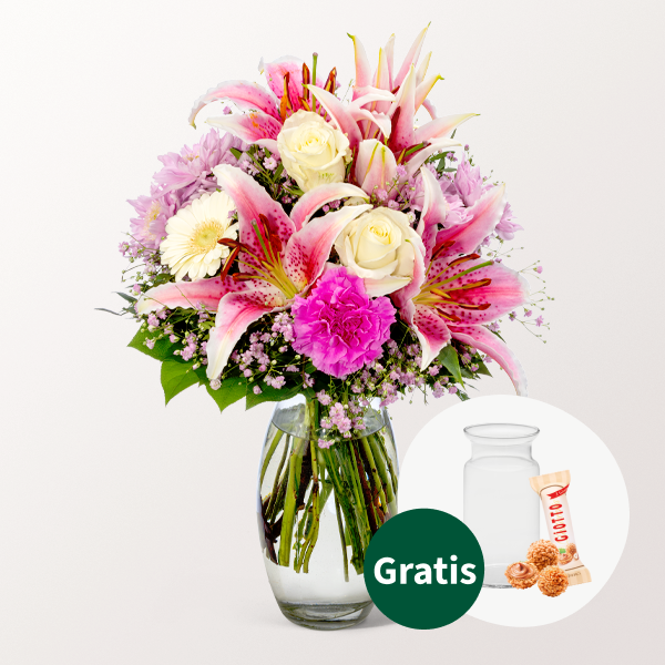 Blumenstrauß Glücksmoment mit Vase & Ferrero Giotto 3er