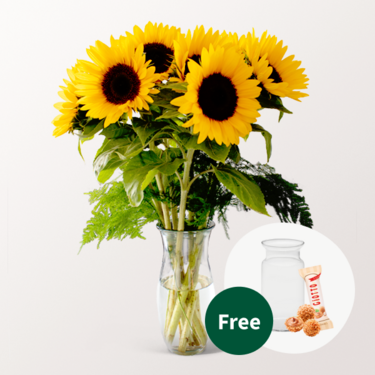 Bunch of 7 sunflowers with vase & 3 Ferrero Giotto