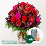 Premiumstrauß Abendsonne mit Premiumvase & Ferrero Giotto 3er