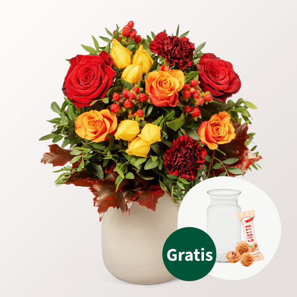 Blumenstrauß Blütengold mit Vase & Ferrero Giotto 3er