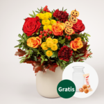 Blumenstrauß Happy Halloween mit Vase & Ferrero Giotto 3er