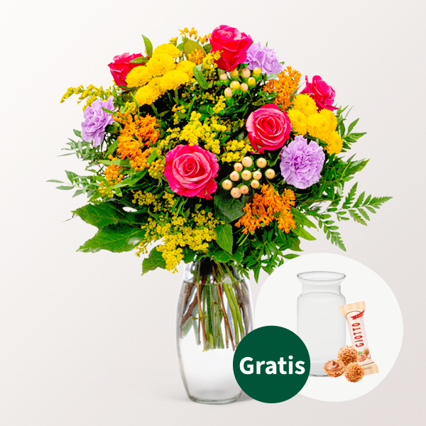 Blumenstrauß Bunter Sommer mit Vase & Ferrero Giotto 3er