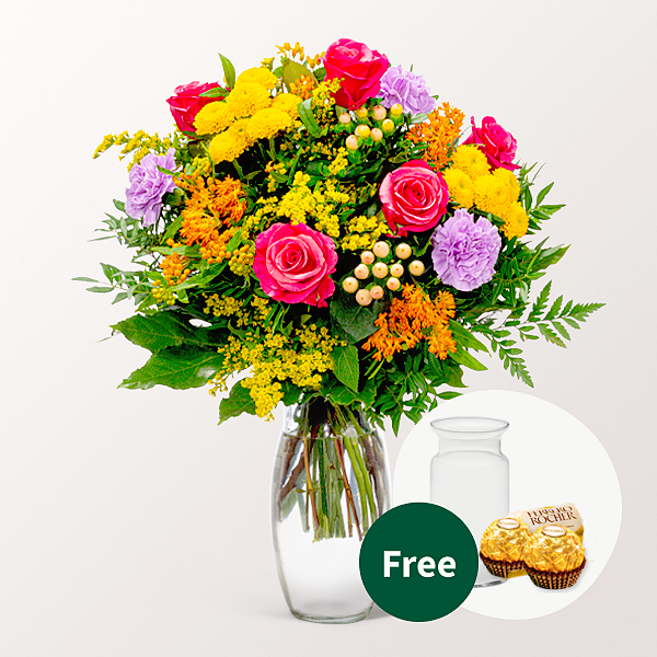 Flower Bouquet Bunter Sommer with vase & 2 Ferrero Rocher