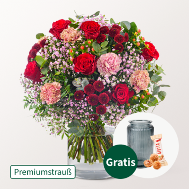 Premiumstrauß Liebesfeuer mit Premiumvase & Ferrero Giotto 3er