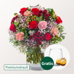 Premiumstrauß Liebesfeuer mit Premiumvase & 2 Ferrero Rocher