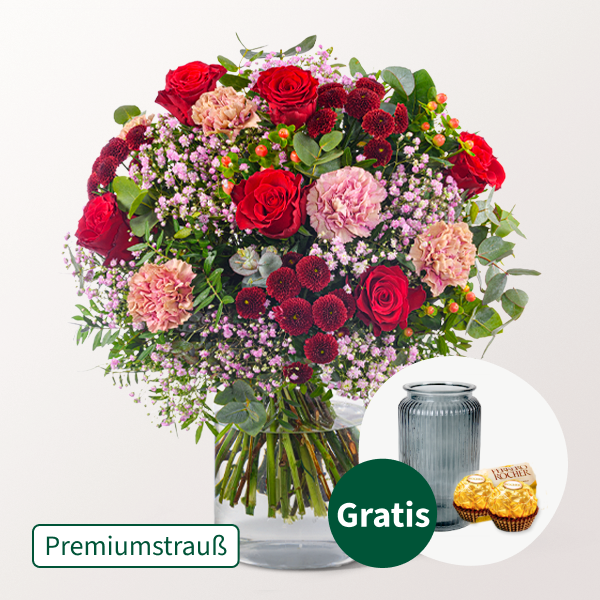 Premiumstrauß Liebesfeuer mit Premiumvase & 2 Ferrero Rocher