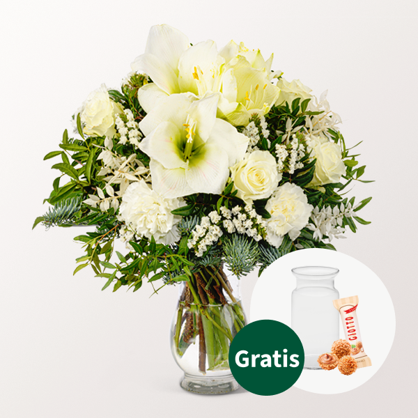 Blumenstrauß Winterfreude mit Vase & Ferrero Giotto 3er