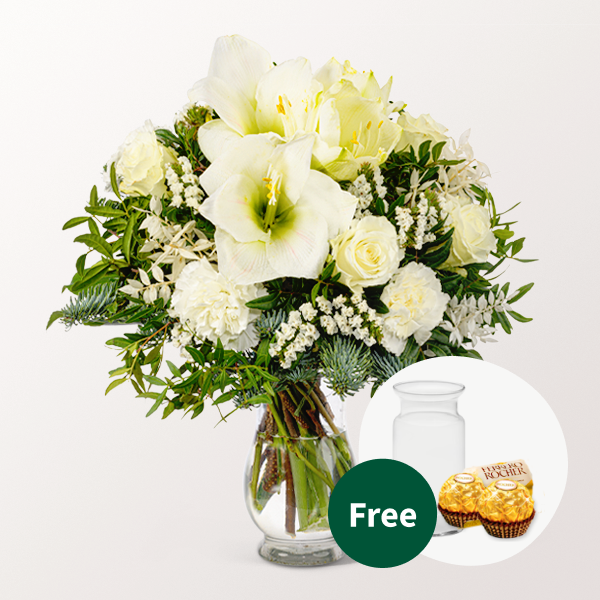 Flower Bouquet Winterfreude with vase & 2 Ferrero Rocher