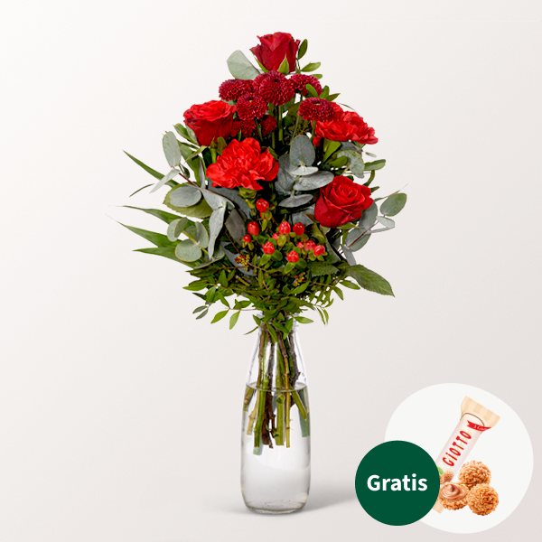 Blumenstrauß Liebesbote mit Vase & Ferrero Giotto 3er