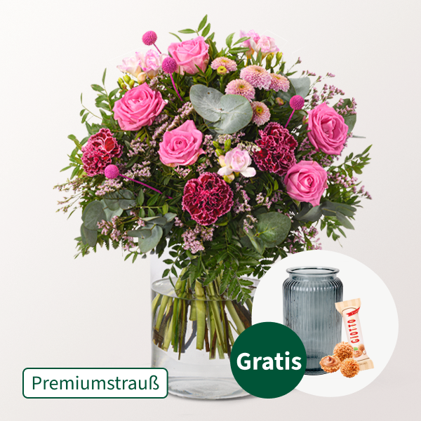 Premiumstrauß Nur für Dich mit Premiumvase & Ferrero Giotto 3er