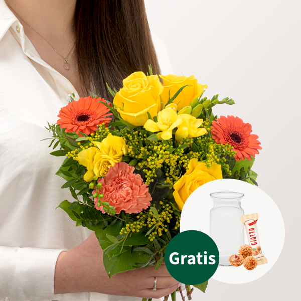 Blumenstrauß Sonnenschein mit Vase & Ferrero Giotto 3er