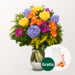 Blumenstrauß Farbenfreude mit Vase & Ferrero Giotto 3er