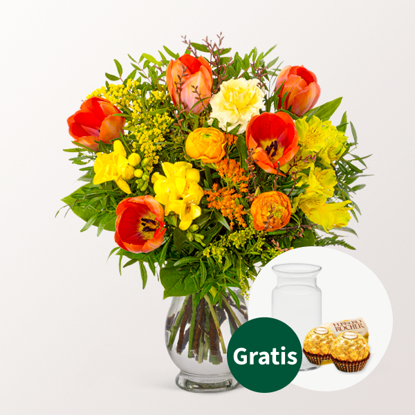 Blumenstrauß Frühlingsstrahl mit Vase & 2 Ferrero Rocher