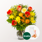 Blumenstrauß Frühlingsstrahl mit Vase & Ferrero Giotto 3er